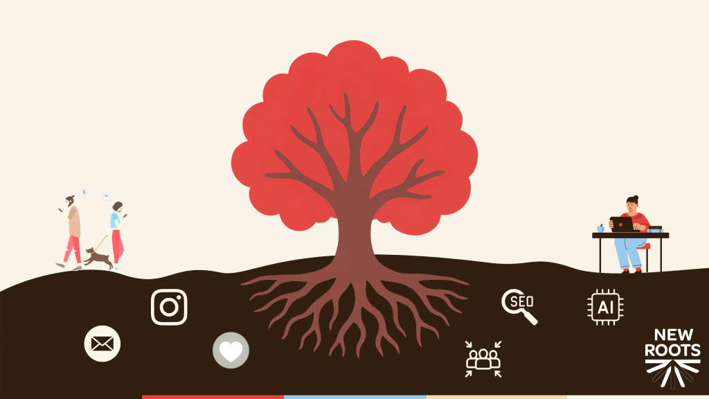 Illustratie van online fondsenwerving, waarin de reis van eerste online contact tot donatie en langdurige betrokkenheid groeit via verbonden digitale kanalen.